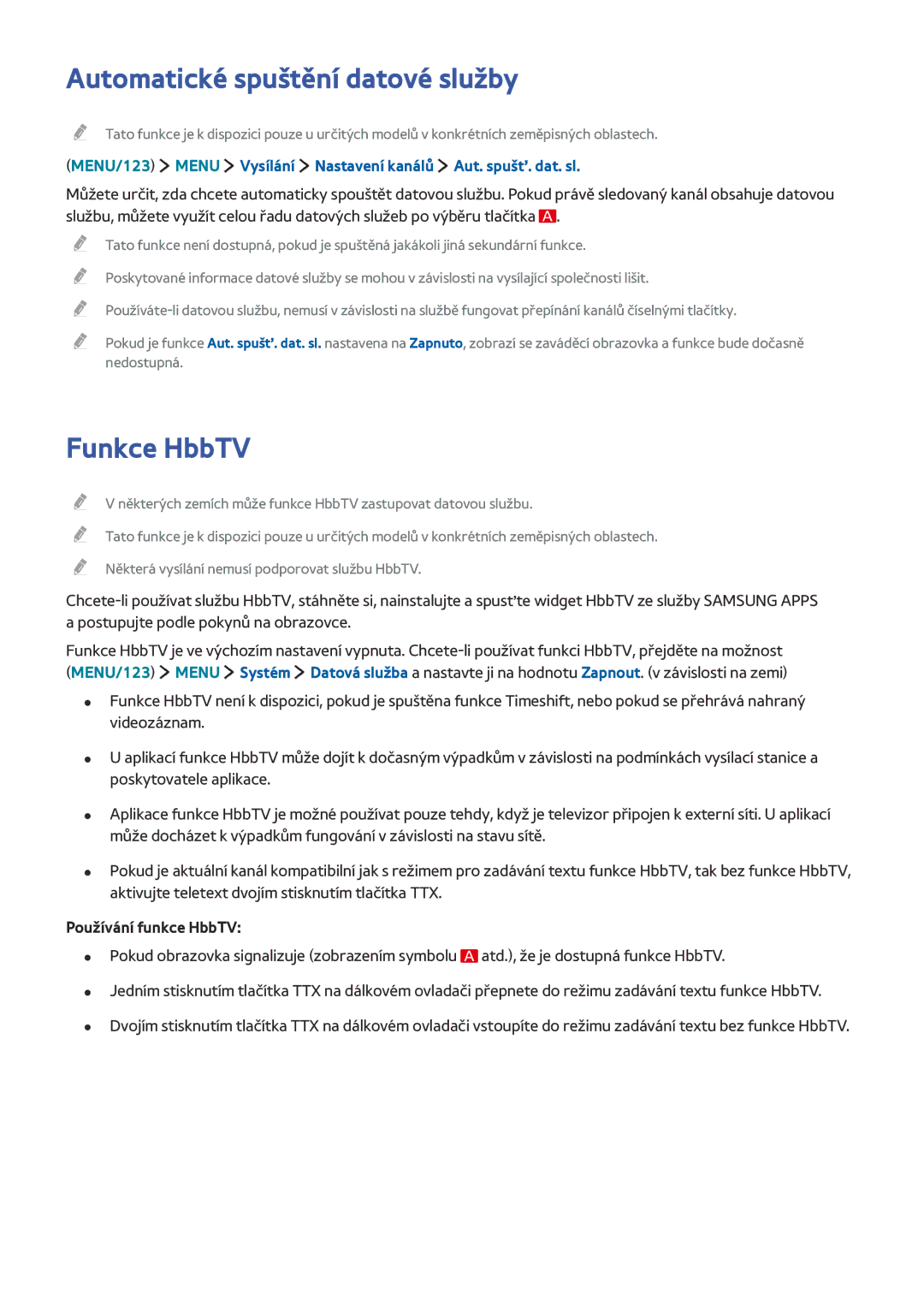 Samsung UE40S9AUXZF, UE40JU6495UXZG, UE48JU6495UXZG, UE48JU6490UXZG manual Automatické spuštění datové služby, Funkce HbbTV 