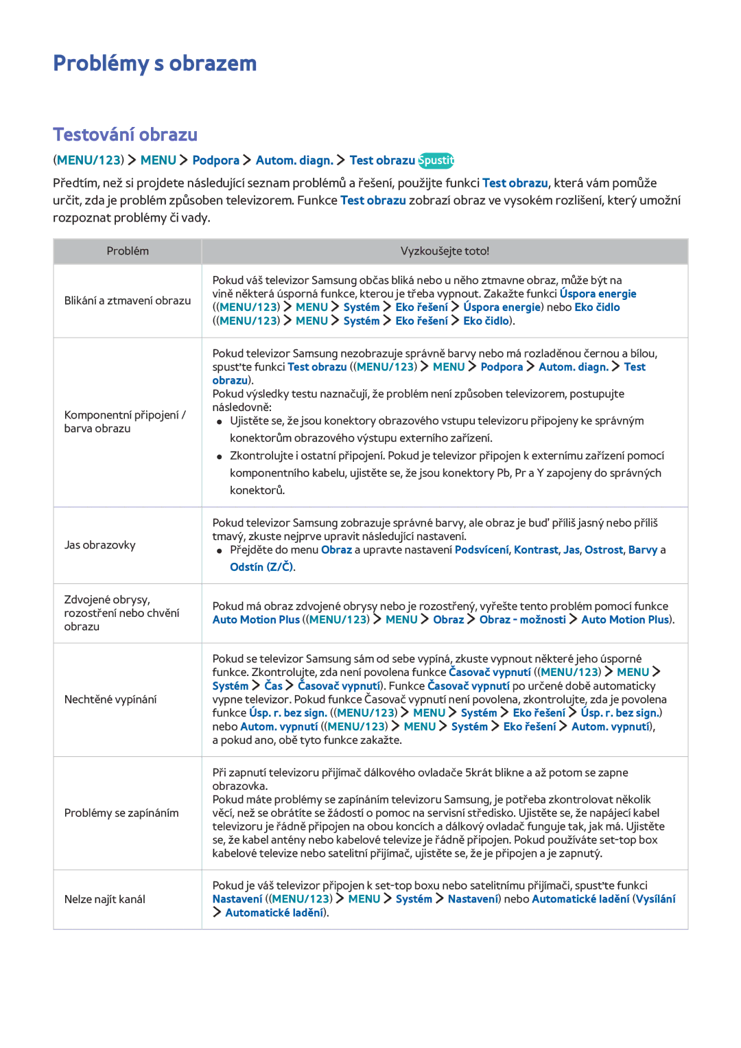 Samsung UE55JU6510UXZF manual Problémy s obrazem, Testování obrazu, MENU/123 Menu Podpora Autom. diagn. Test obrazu Spustit 