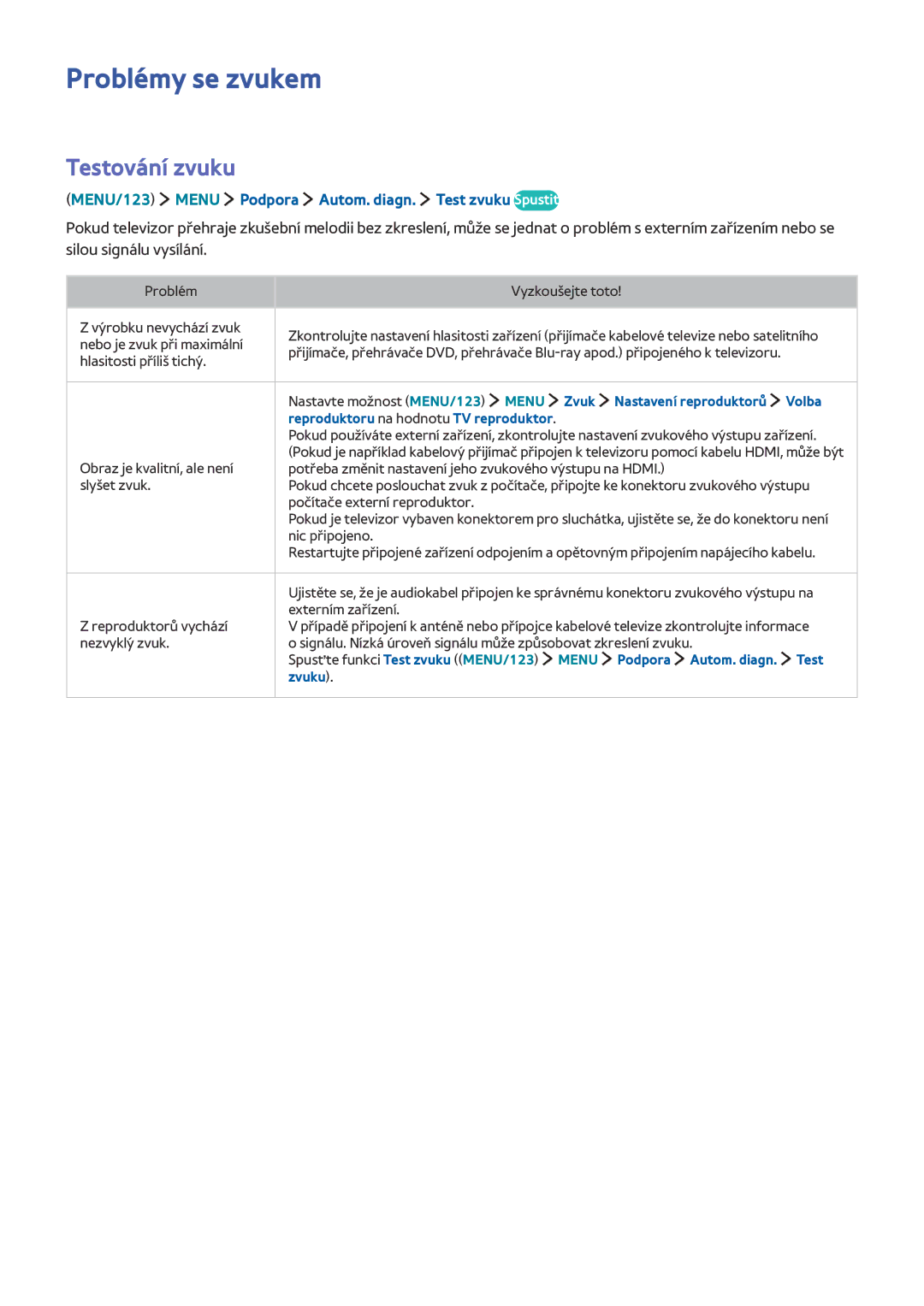 Samsung UE60JU6000KXZF Problémy se zvukem, Testování zvuku, MENU/123 Menu Podpora Autom. diagn. Test zvuku Spustit, Zvuku 