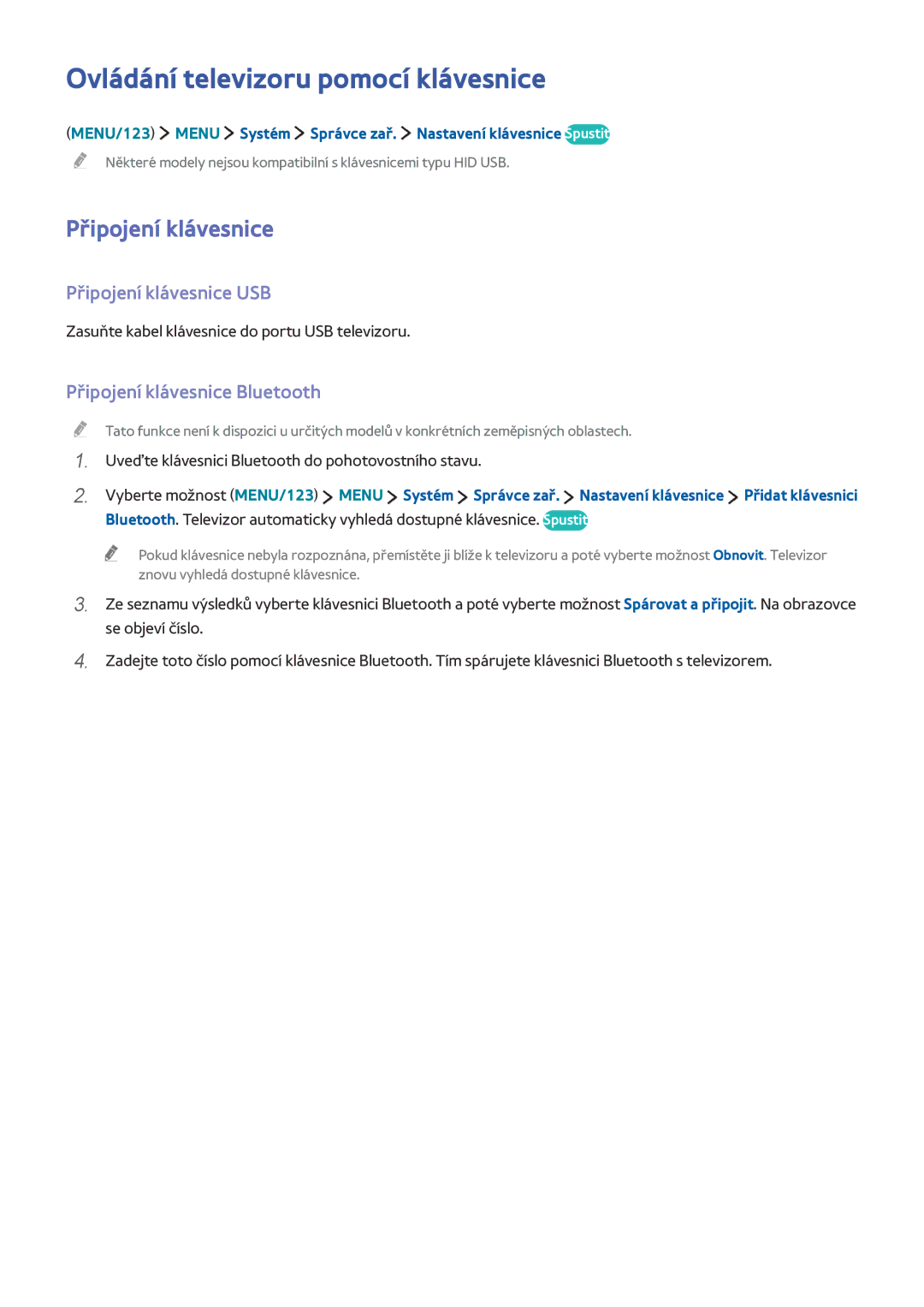 Samsung UE55JU6740SXXH Ovládání televizoru pomocí klávesnice, Připojení klávesnice USB, Připojení klávesnice Bluetooth 