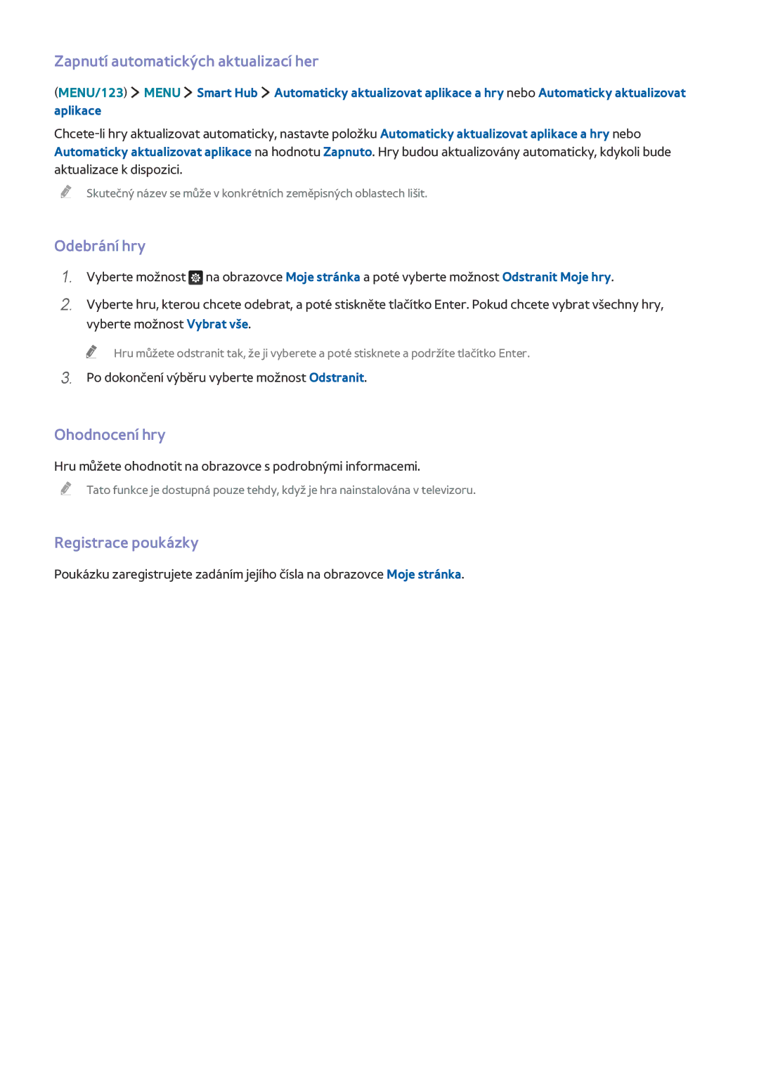Samsung UE48JU6000KXXC manual Zapnutí automatických aktualizací her, Odebrání hry, Ohodnocení hry, Registrace poukázky 