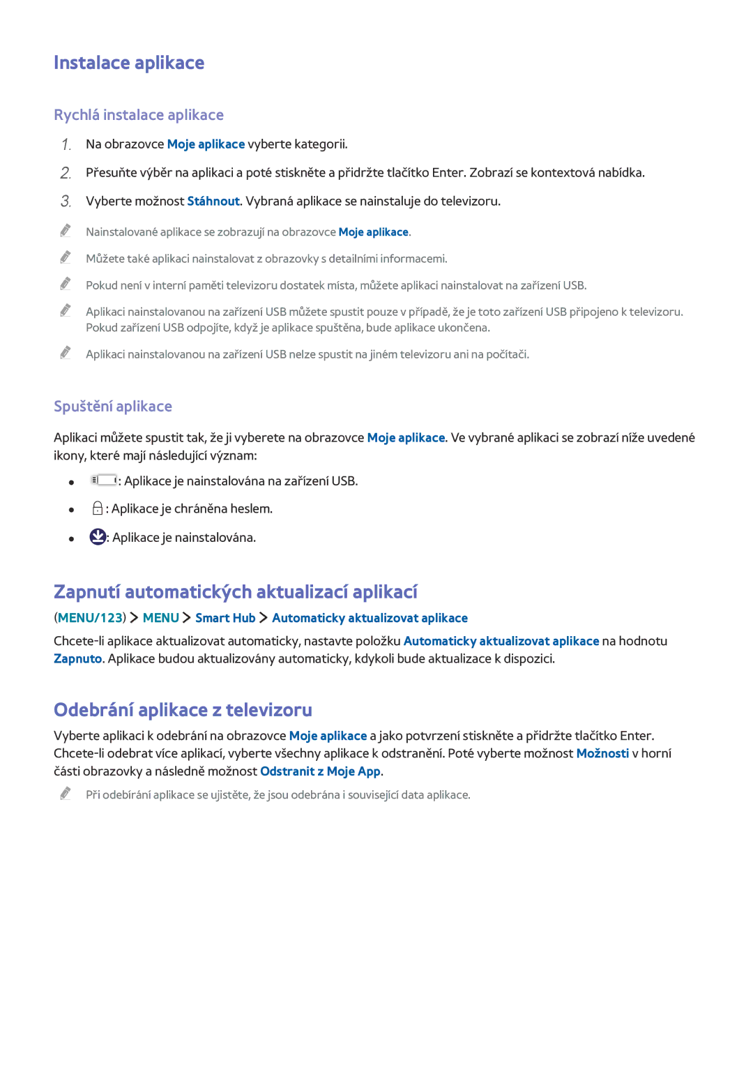 Samsung UE48JU6770UXZG Instalace aplikace, Zapnutí automatických aktualizací aplikací, Odebrání aplikace z televizoru 