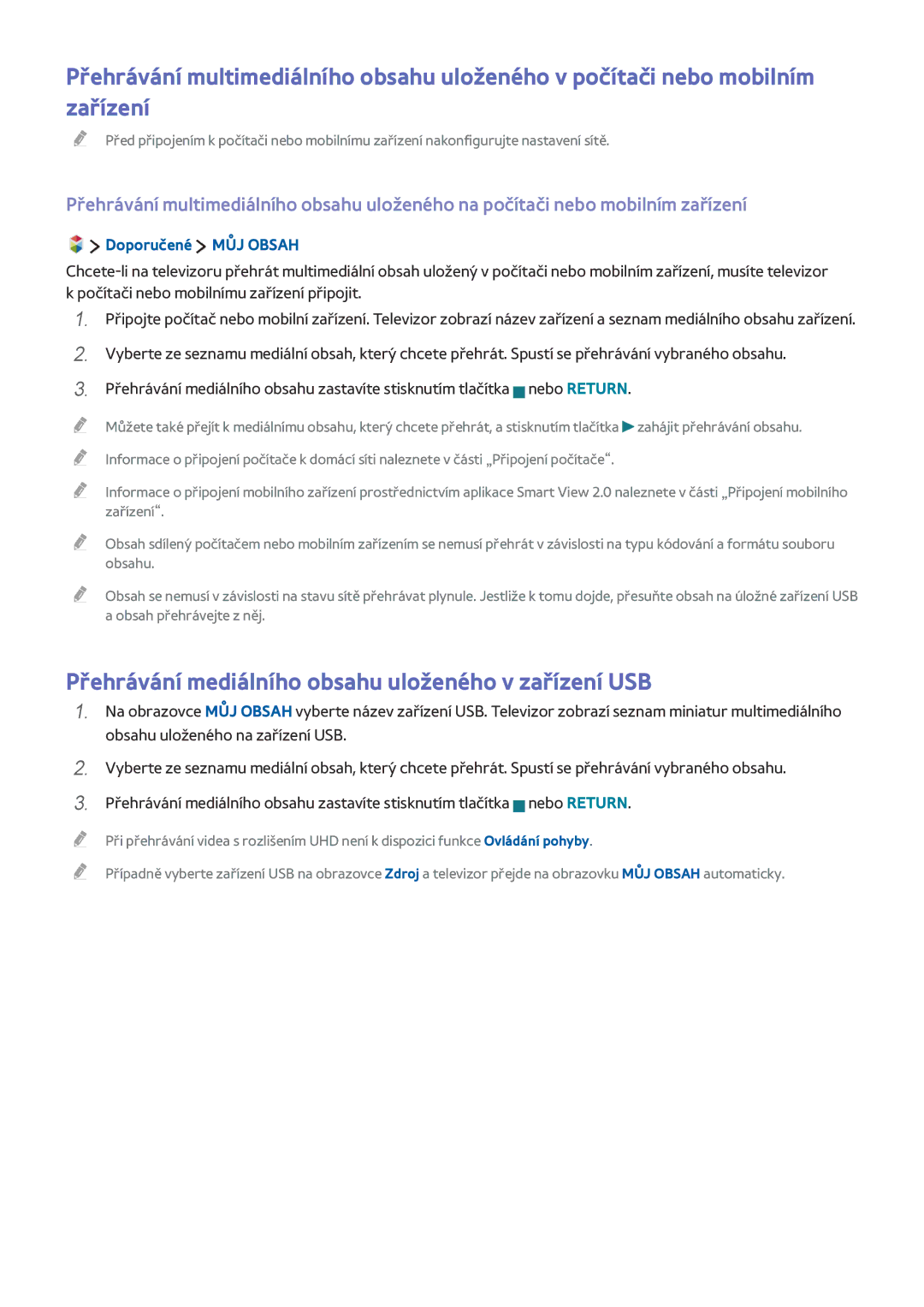 Samsung UE75JU7090TXZG, UE40JU6495UXZG manual Přehrávání mediálního obsahu uloženého v zařízení USB, Doporučené MŮJ Obsah 