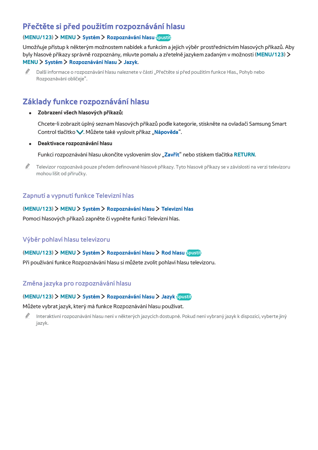 Samsung UE40JU6740UXZG, UE40JU6495UXZG Přečtěte si před použitím rozpoznávání hlasu, Základy funkce rozpoznávání hlasu 