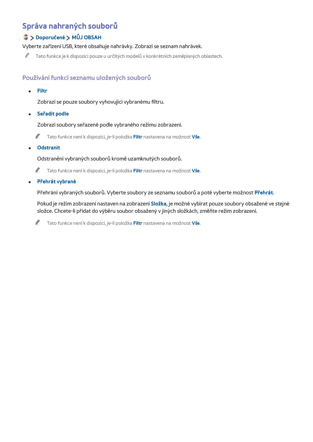 Samsung UE65JU7090TXZG, UE40JU6495UXZG manual Správa nahraných souborů, Používání funkcí seznamu uložených souborů, Filtr 