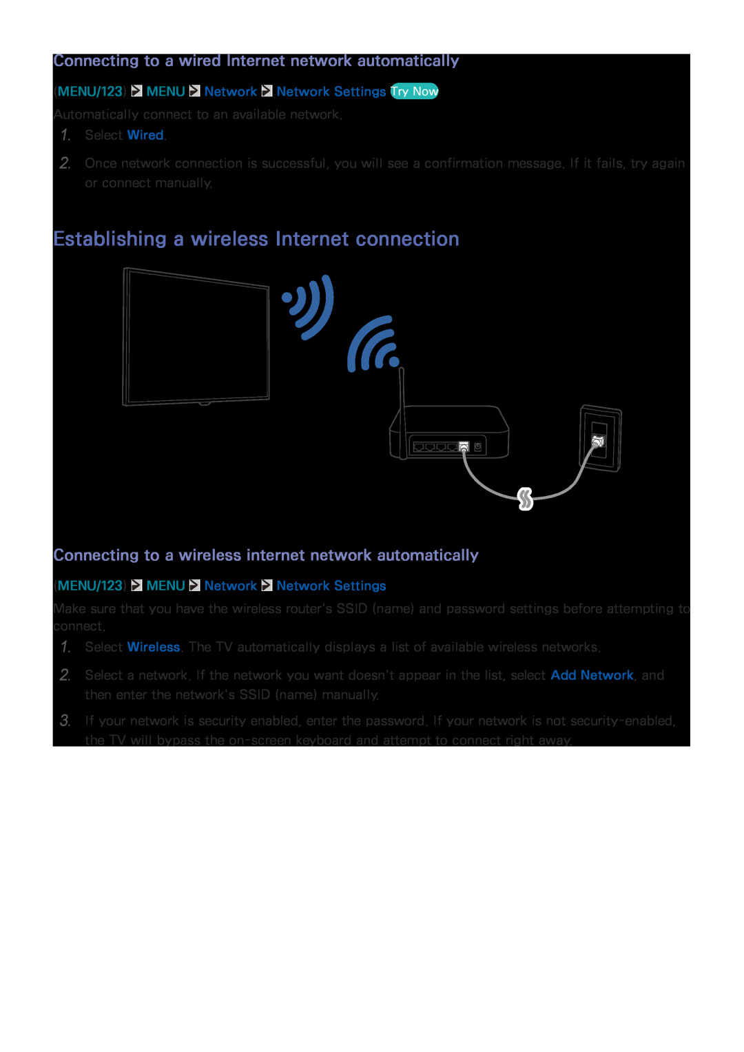 Samsung UE75JU6470UXZG Establishing a wireless Internet connection, Connecting to a wired Internet network automatically 