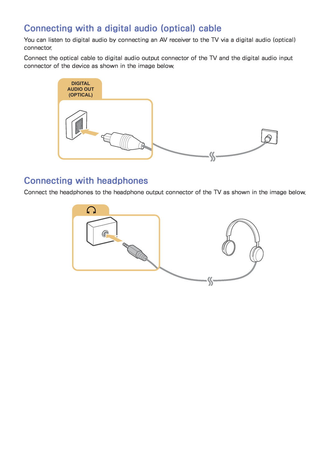 Samsung UE40JU6640UXZG, UE40JU6495UXZG manual Connecting with a digital audio optical cable, Connecting with headphones 