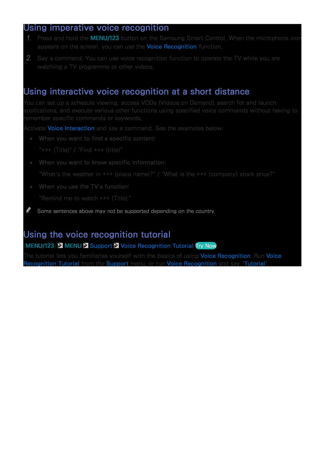 Samsung UE65JU6470UXZG manual Using imperative voice recognition, Using interactive voice recognition at a short distance 