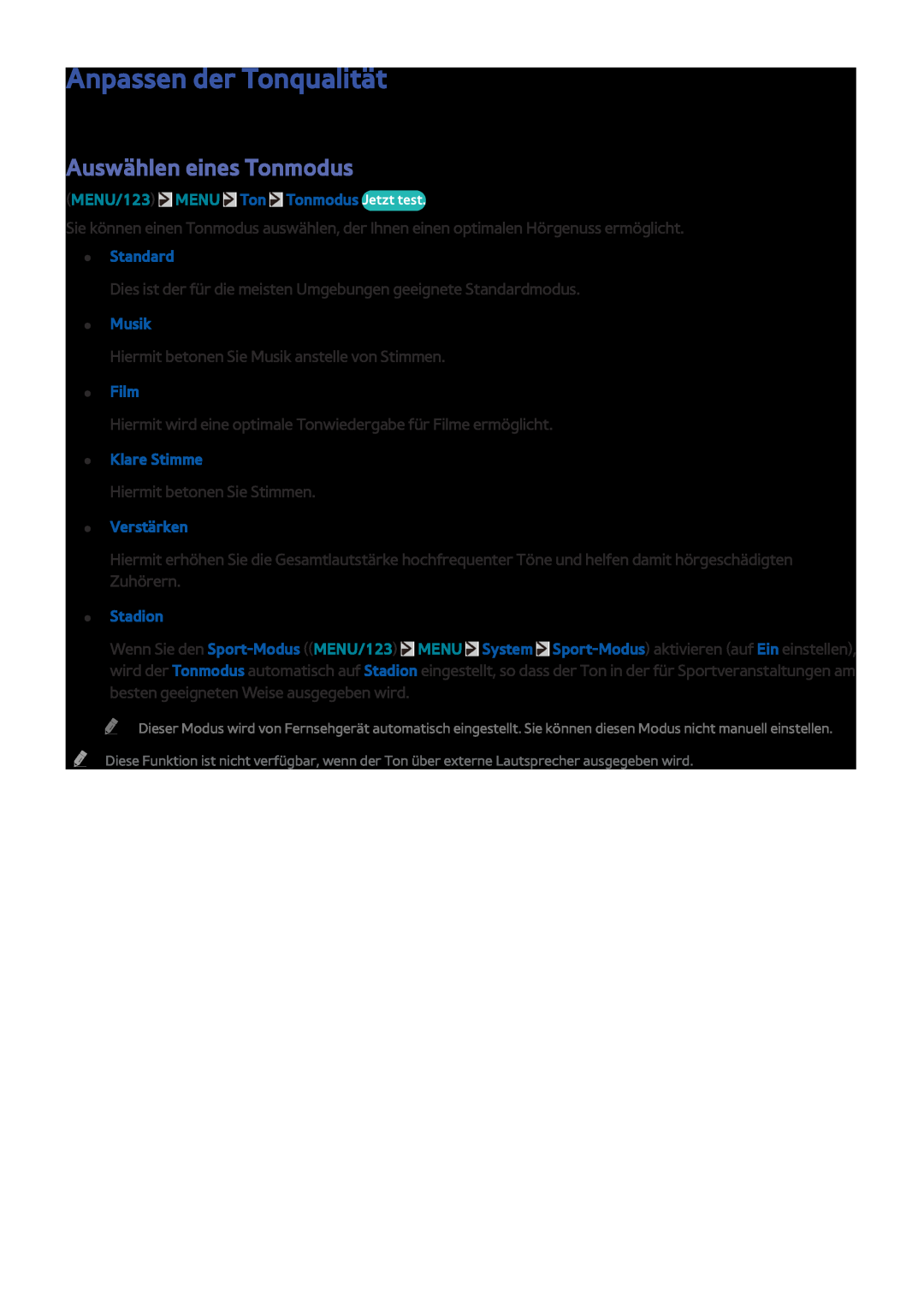 Samsung UE60JU6450UXZG Anpassen der Tonqualität, Auswählen eines Tonmodus, MENU/123 MENU Ton Tonmodus Jetzt test, Musik 