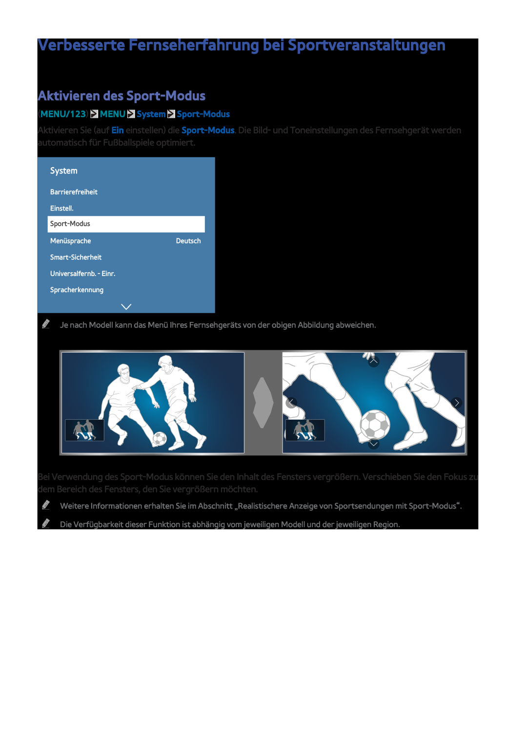 Samsung UE48JU7500LXXH manual Verbesserte Fernseherfahrung bei Sportveranstaltungen, Aktivieren des Sport-Modus, System 