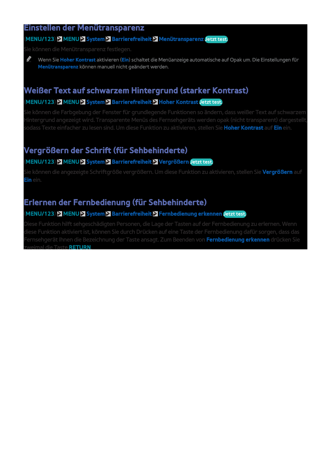 Samsung UE55JU6770UXZG, UE40S9ASXXH Einstellen der Menütransparenz, Weißer Text auf schwarzem Hintergrund starker Kontrast 
