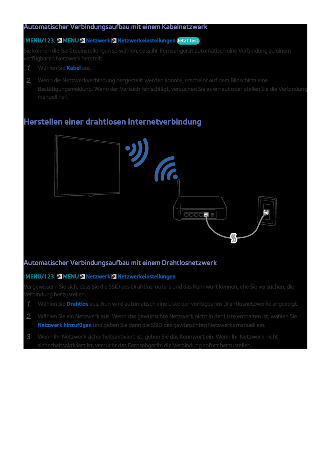 Samsung UE75JU6470UXZG manual Herstellen einer drahtlosen Internetverbindung, MENU/123 MENU Netzwerk Netzwerkeinstellungen 