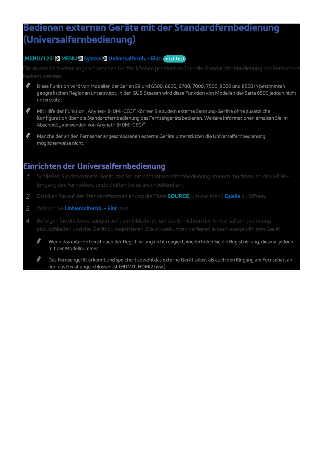 Samsung UE40JU6610UXTK Einrichten der Universalfernbedienung, MENU/123 MENU System Universalfernb. - Einr. Jetzt test 