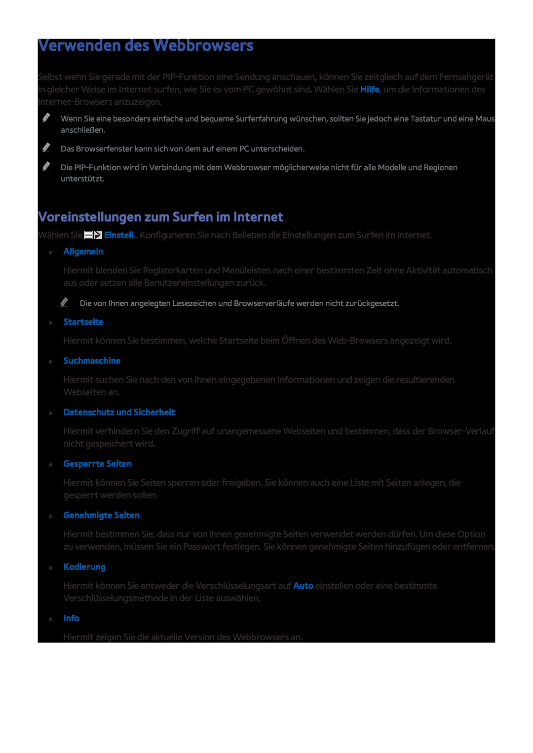 Samsung UE40JU7090TXZG Verwenden des Webbrowsers, Voreinstellungen zum Surfen im Internet, Allgemein, Startseite, Info 