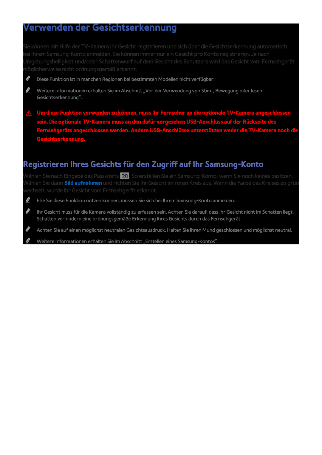 Samsung UE55JU6740UXZG Verwenden der Gesichtserkennung, Registrieren Ihres Gesichts für den Zugriff auf Ihr Samsung-Konto 