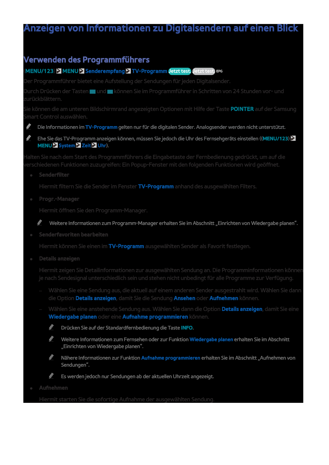 Samsung UE55JS8590TXZG manual Anzeigen von Informationen zu Digitalsendern auf einen Blick, Verwenden des Programmführers 