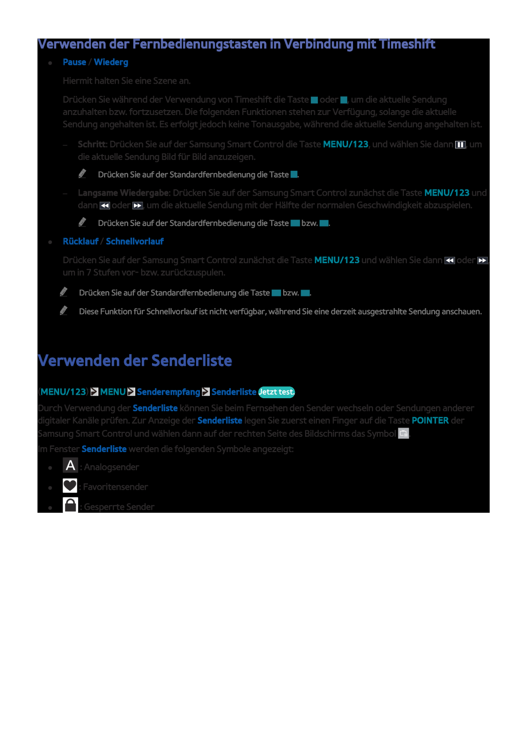 Samsung UE48JU6450UXZG manual Verwenden der Senderliste, Verwenden der Fernbedienungstasten in Verbindung mit Timeshift 
