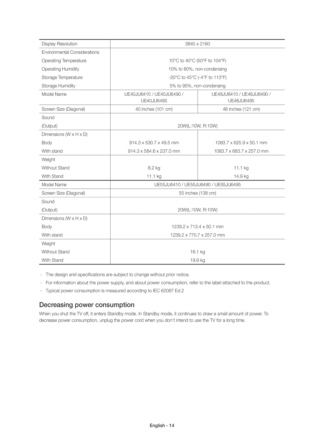 Samsung UE55JU6485UXZG, UE40JU6495UXZG, UE48JU6495UXZG, UE48JU6490UXZG, UE40JU6485UXZG manual Decreasing power consumption 