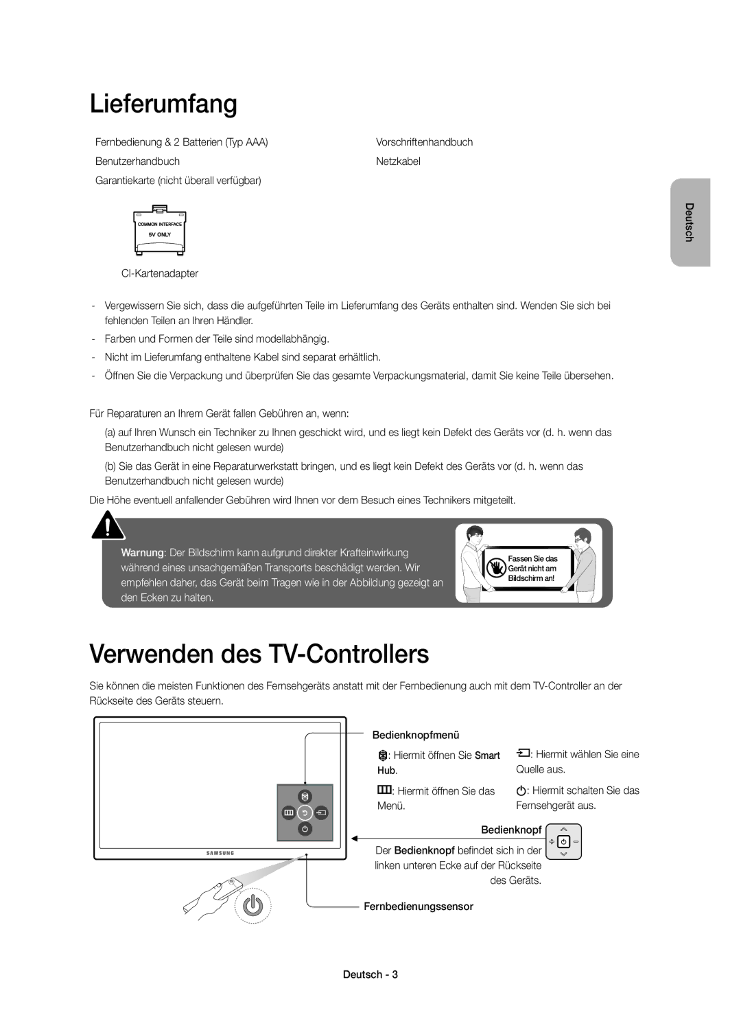 Samsung UE55JU6470UXZG manual Lieferumfang, Verwenden des TV-Controllers, Fernbedienung & 2 Batterien Typ AAA, Quelle aus 