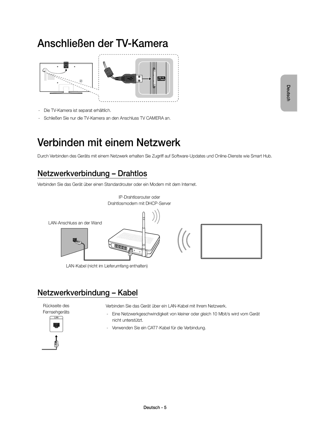 Samsung UE60JU6470UXTK manual Anschließen der TV-Kamera, Verbinden mit einem Netzwerk, Netzwerkverbindung Drahtlos 