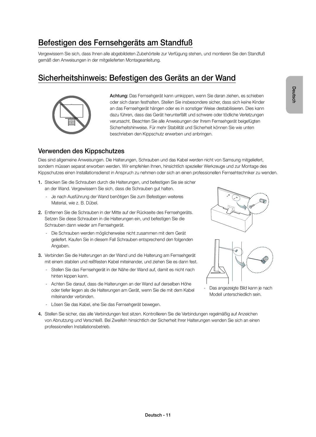 Samsung UE48JU6470UXTK Befestigen des Fernsehgeräts am Standfuß, Sicherheitshinweis Befestigen des Geräts an der Wand 