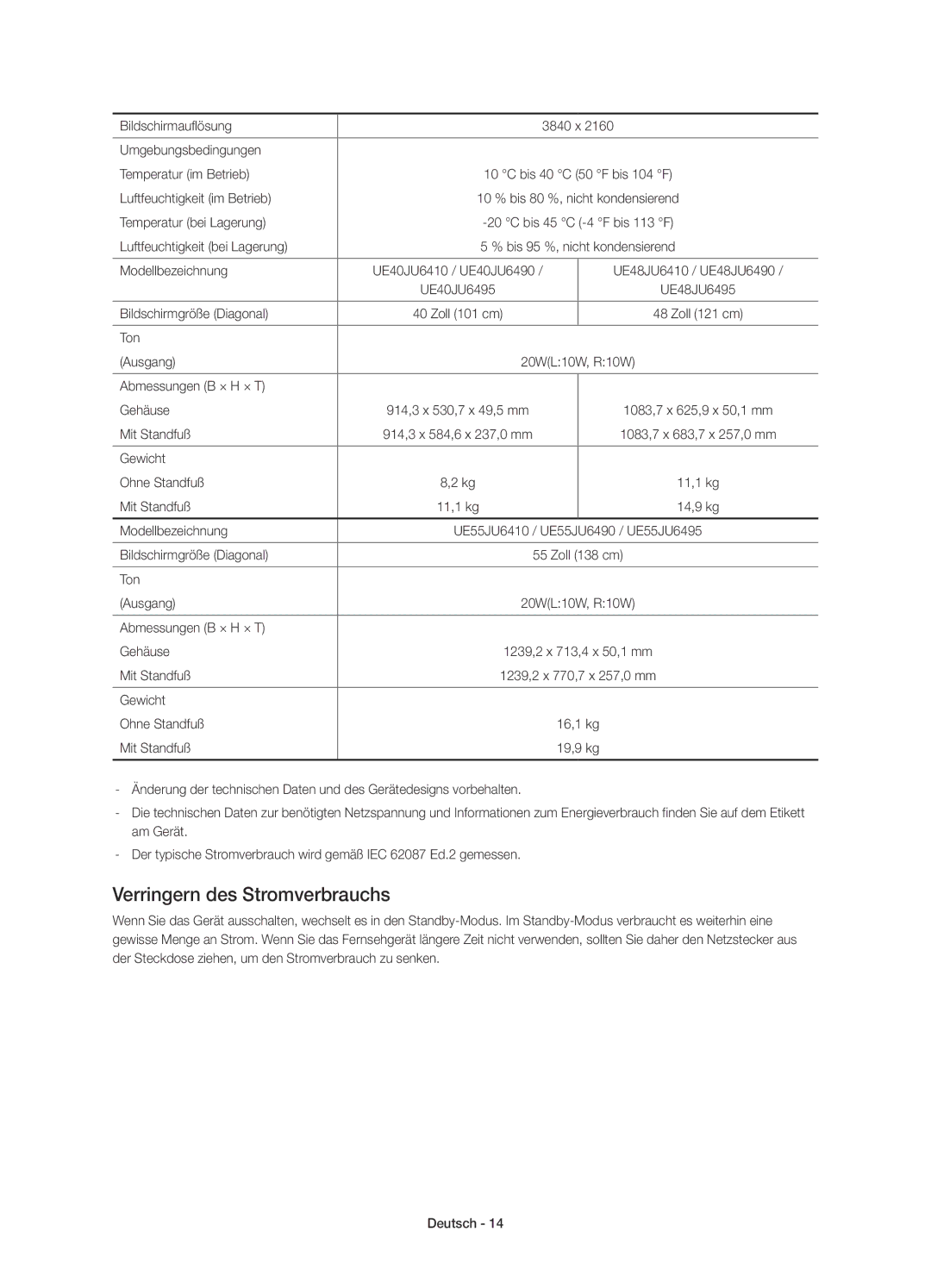 Samsung UE65JU6450UXZG, UE40JU6495UXZG, UE48JU6495UXZG, UE48JU6490UXZG, UE40JU6485UXZG manual Verringern des Stromverbrauchs 