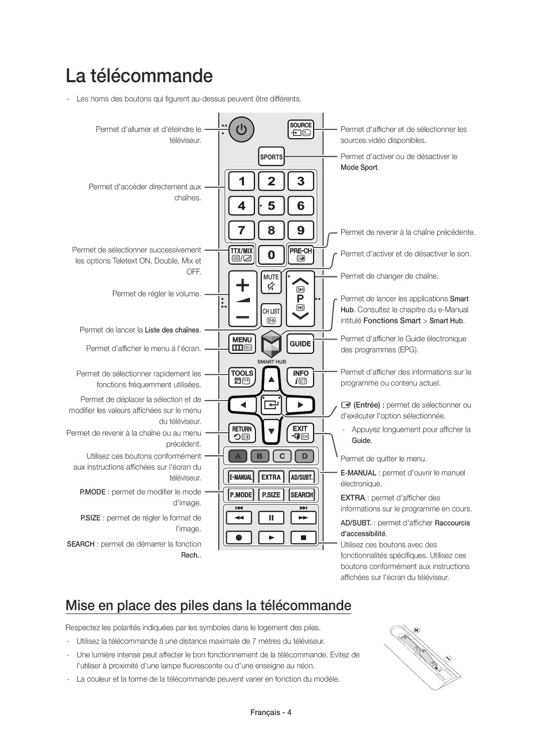 Samsung UE40JU6495UXZG, UE48JU6495UXZG, UE48JU6490UXZG, UE40JU6485UXZG manual Mise en place des piles dans la télécommande 