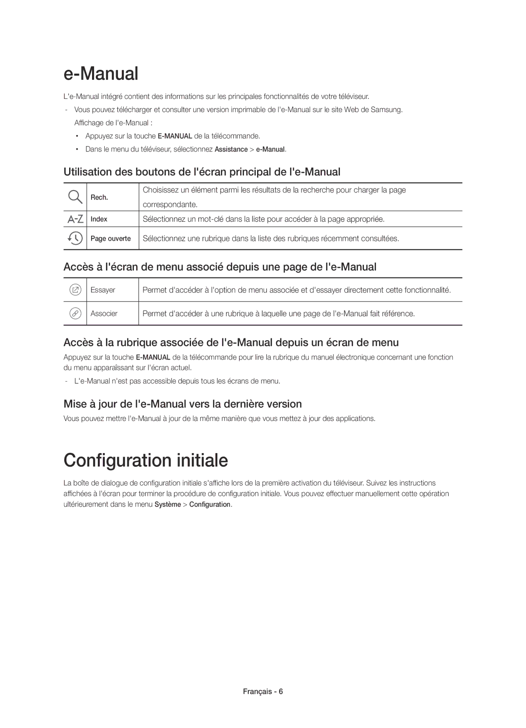 Samsung UE48JU6490UXZG manual Configuration initiale, Utilisation des boutons de lécran principal de le-Manual 