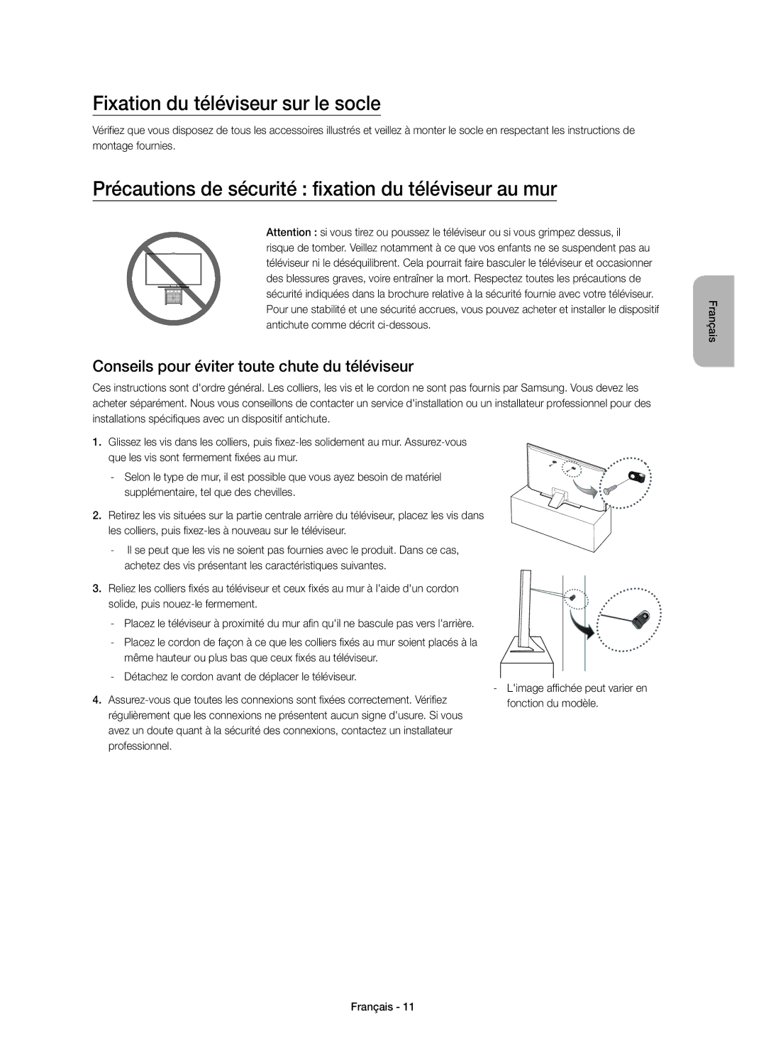 Samsung UE75JU6470UXZG manual Fixation du téléviseur sur le socle, Précautions de sécurité fixation du téléviseur au mur 