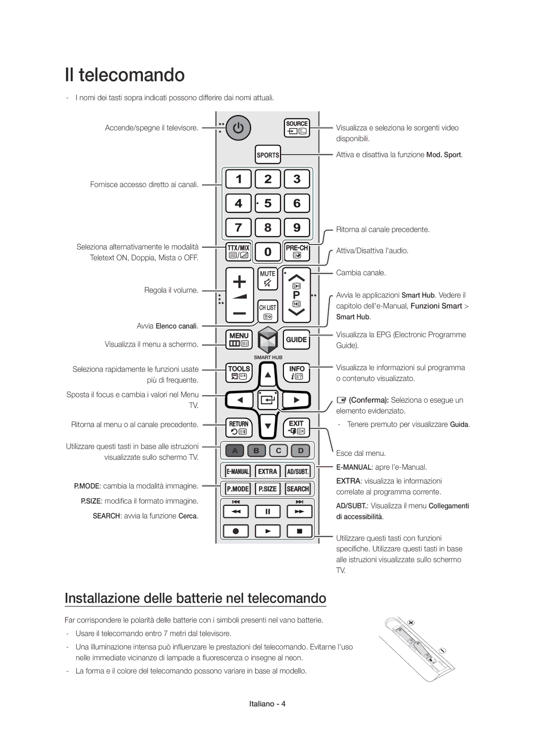 Samsung UE55JU6485UXZG, UE40JU6495UXZG, UE48JU6495UXZG manual Il telecomando, Installazione delle batterie nel telecomando 