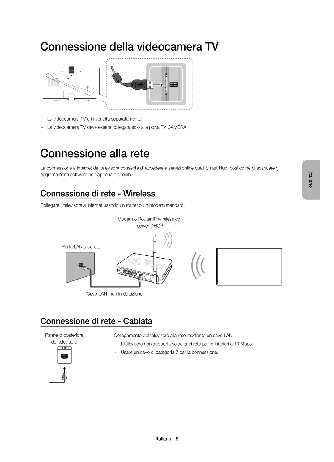 Samsung UE40JU6470UXTK manual Connessione della videocamera TV, Connessione alla rete, Connessione di rete Wireless 