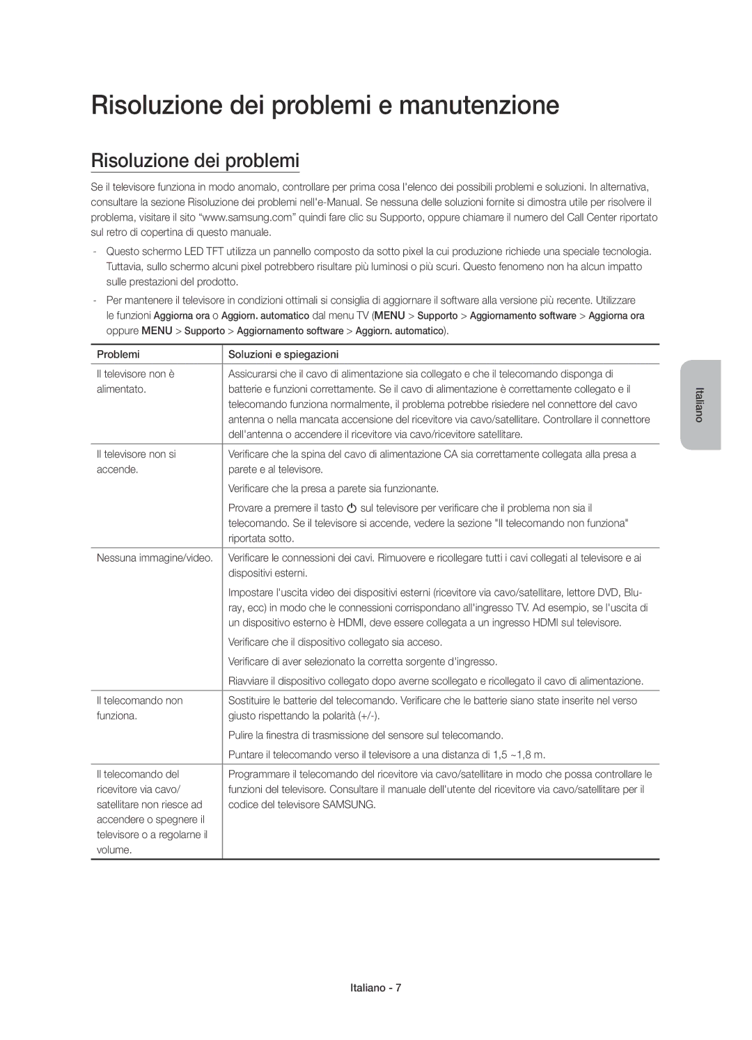 Samsung UE55JU6470UXZG, UE40JU6495UXZG, UE48JU6495UXZG, UE48JU6490UXZG manual Risoluzione dei problemi e manutenzione 