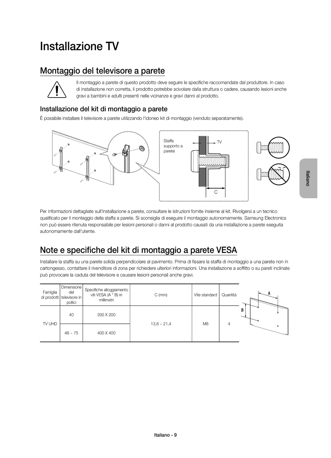 Samsung UE60JU6470UXTK Installazione TV, Montaggio del televisore a parete, Installazione del kit di montaggio a parete 