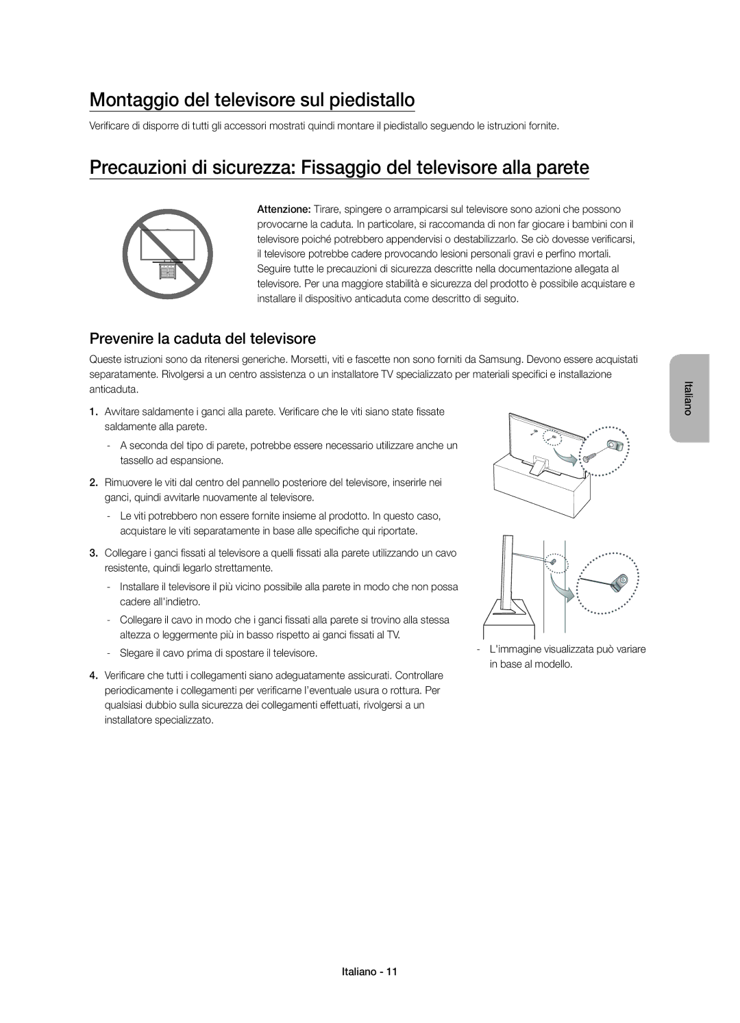 Samsung UE55JU6450UXZG Montaggio del televisore sul piedistallo, Prevenire la caduta del televisore, Cadere allindietro 