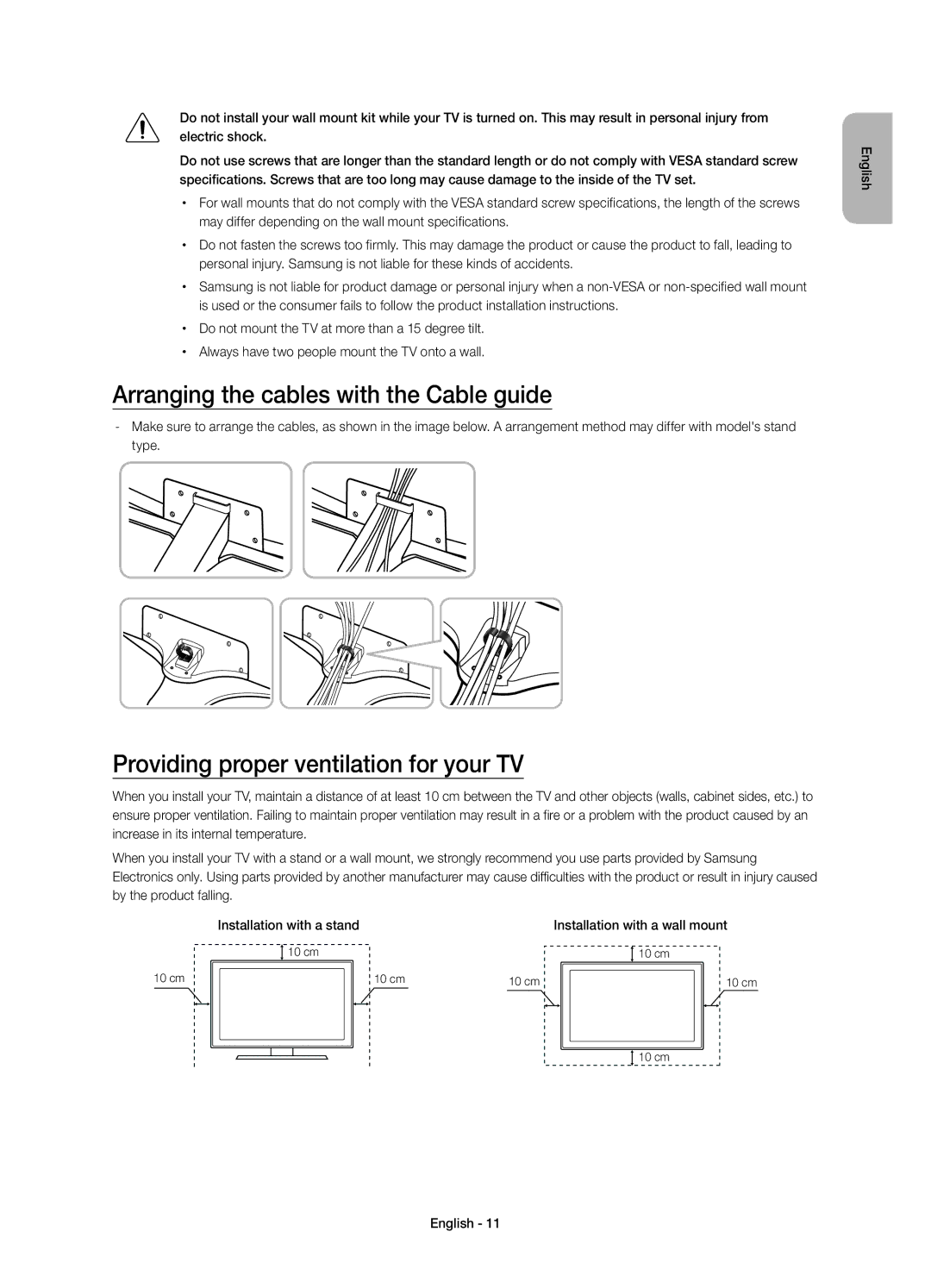 Samsung UE48JU6640UXXC, UE40JU6640UXZG Arranging the cables with the Cable guide, Providing proper ventilation for your TV 