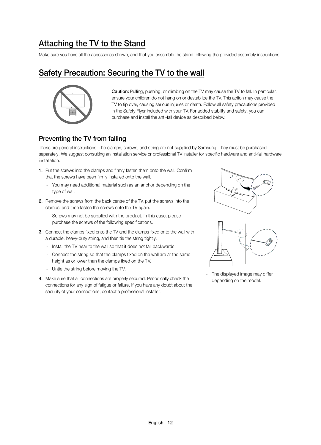 Samsung UE40JU6740UXXC, UE40JU6640UXZG manual Attaching the TV to the Stand, Safety Precaution Securing the TV to the wall 