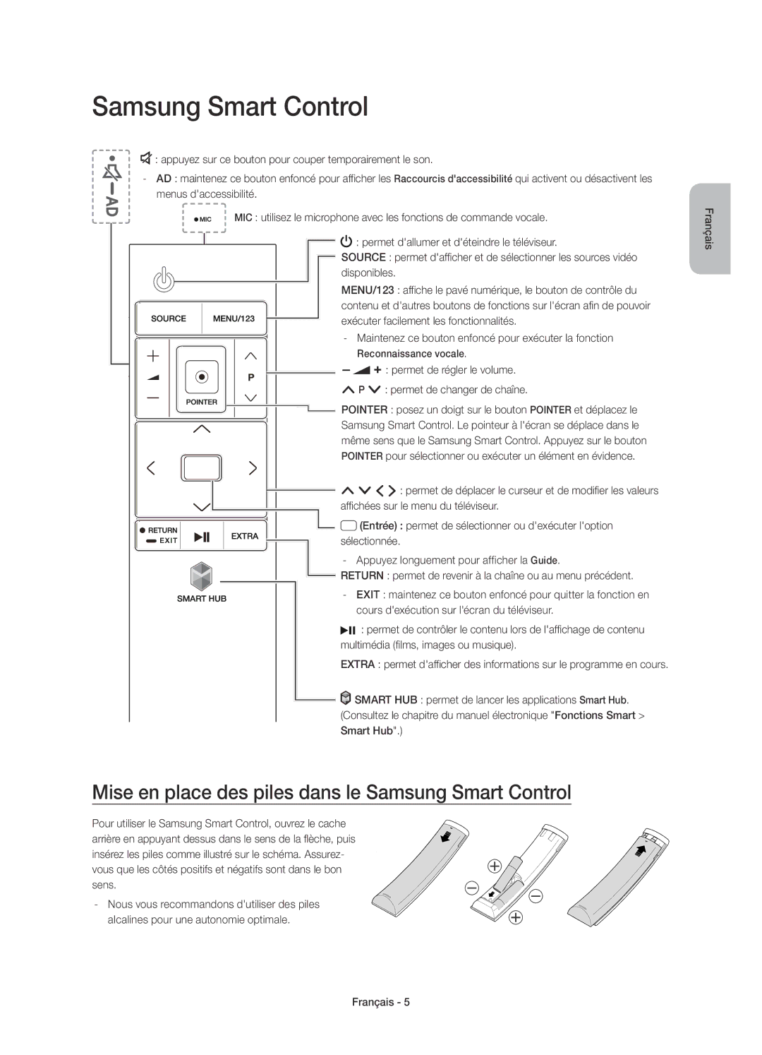 Samsung UE40JU6740UXXU Mise en place des piles dans le Samsung Smart Control, Exécuter facilement les fonctionnalités 