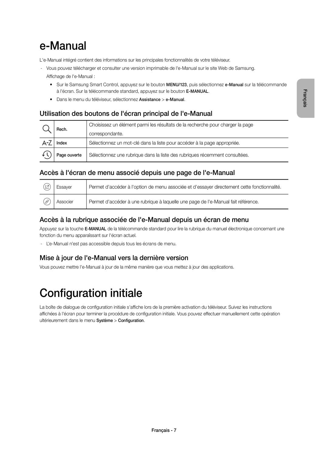 Samsung UE40JU6640UXXN manual Configuration initiale, Utilisation des boutons de lécran principal de le-Manual 