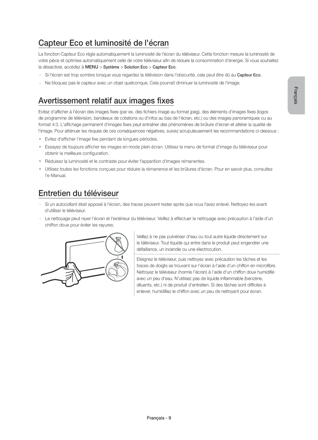 Samsung UE55JU6640UXXN, UE40JU6640UXZG manual Capteur Eco et luminosité de lécran, Avertissement relatif aux images fixes 