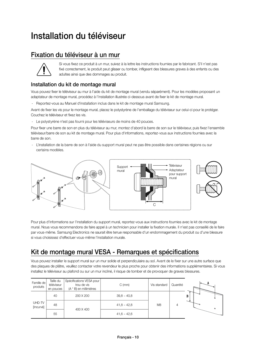 Samsung UE40JU6640UXZG Installation du téléviseur, Fixation du téléviseur à un mur, Installation du kit de montage mural 