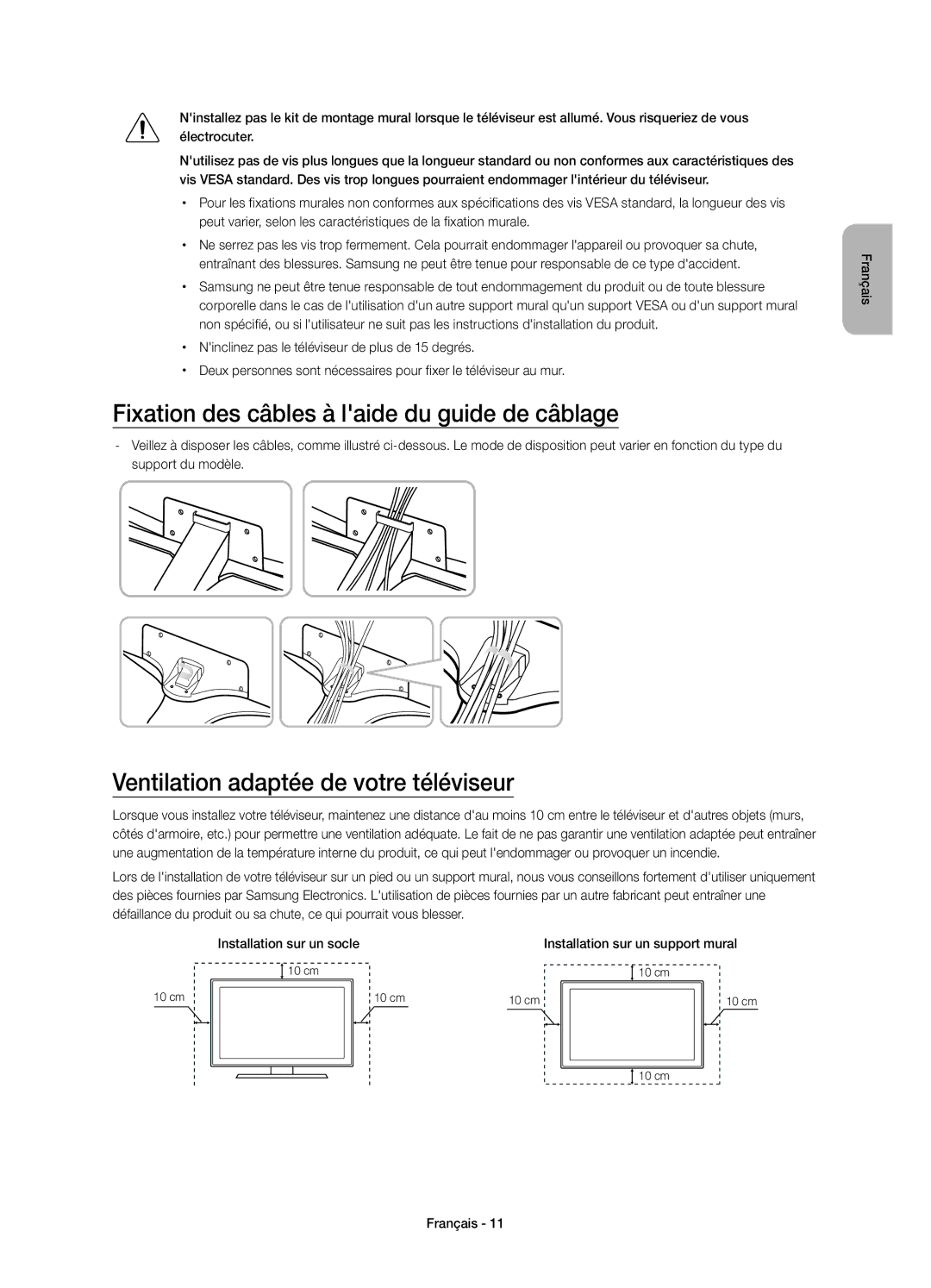 Samsung UE48JU6640UXZG manual Fixation des câbles à laide du guide de câblage, Ventilation adaptée de votre téléviseur 