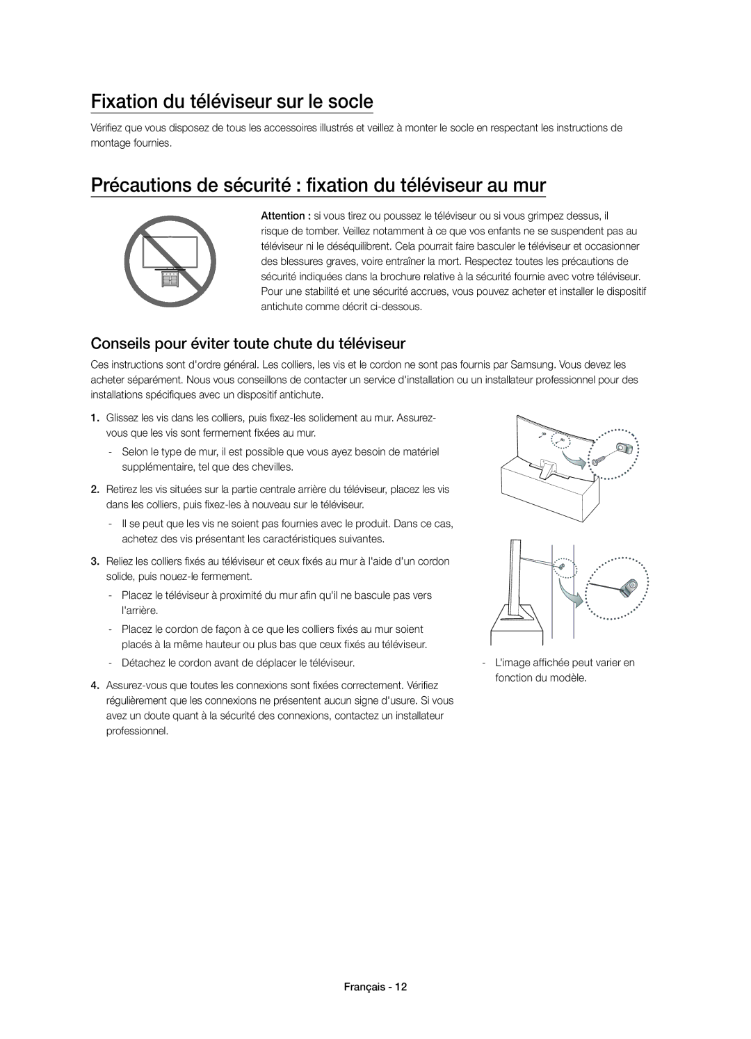 Samsung UE55JU6740UXZG manual Fixation du téléviseur sur le socle, Précautions de sécurité fixation du téléviseur au mur 