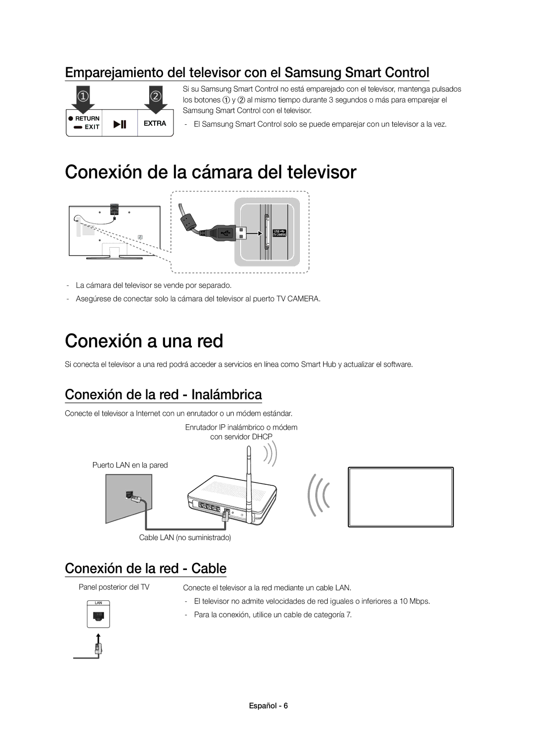 Samsung UE55JU6650UXXC manual Conexión de la cámara del televisor, Conexión a una red, Conexión de la red Inalámbrica 