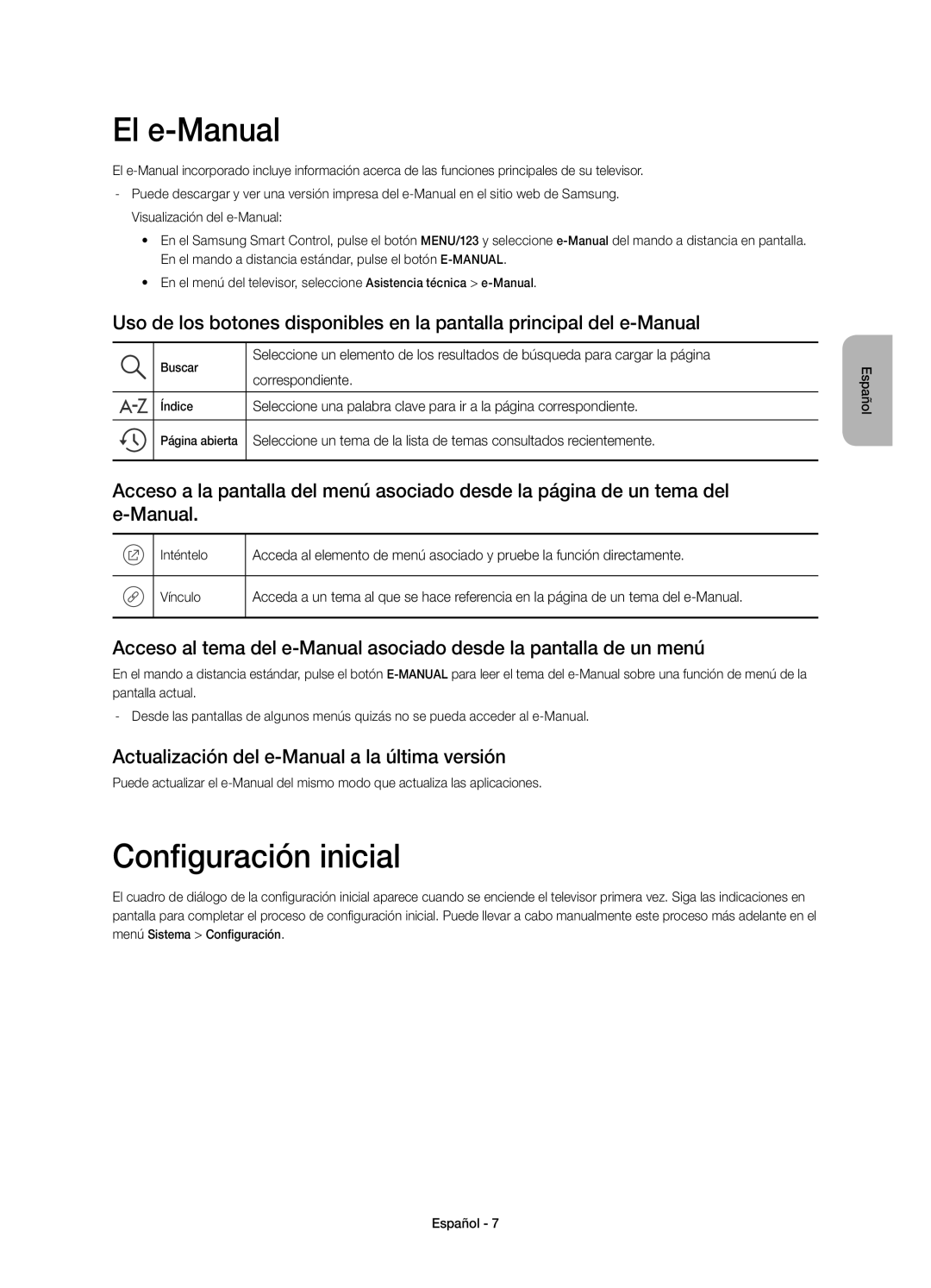 Samsung UE48JU6640UXXC El e-Manual, Configuración inicial, Actualización del e-Manual a la última versión, Correspondiente 