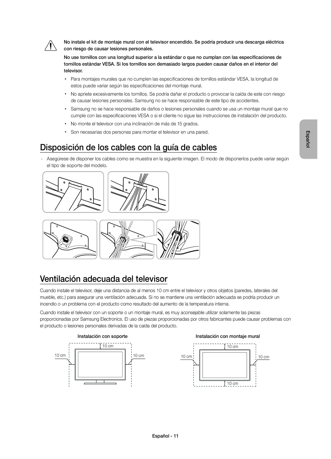 Samsung UE48JU6650UXXC, UE40JU6640UXZG Disposición de los cables con la guía de cables, Ventilación adecuada del televisor 