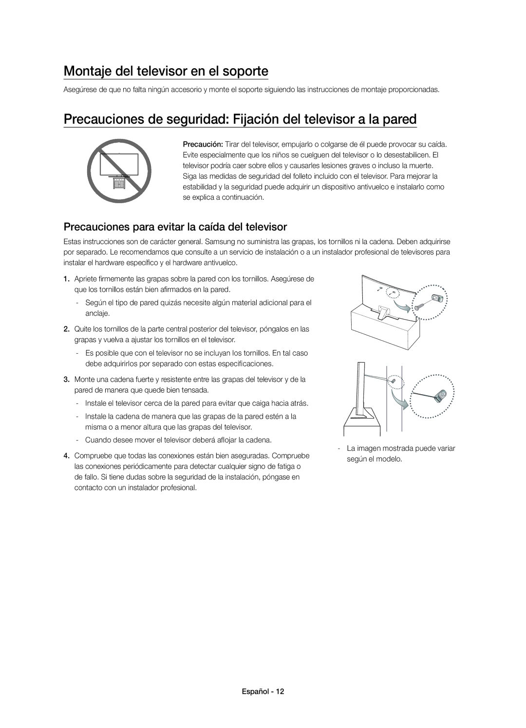 Samsung UE40JU6640UXXC Montaje del televisor en el soporte, Precauciones de seguridad Fijación del televisor a la pared 