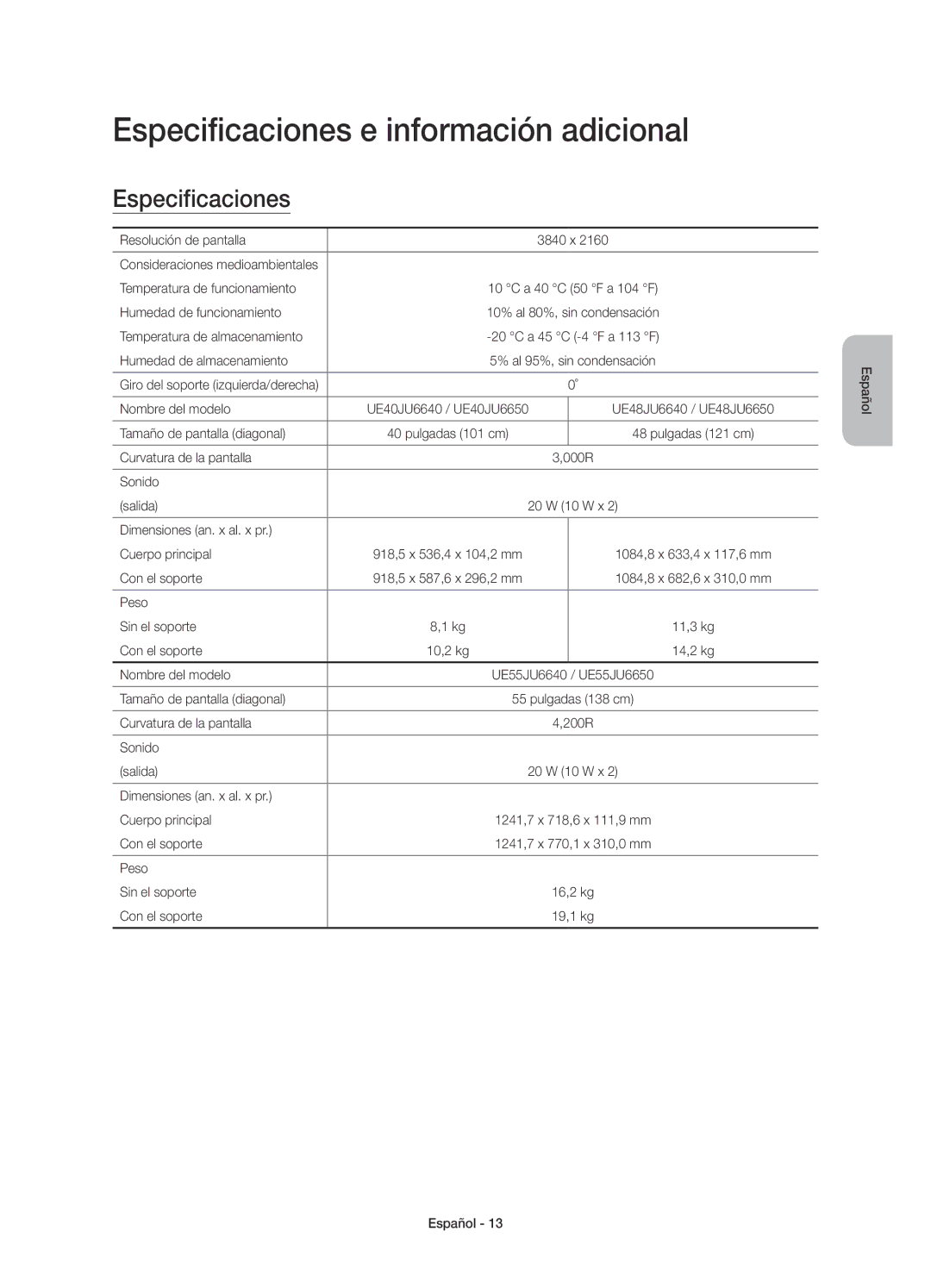 Samsung UE48JU6740UXXC, UE40JU6640UXZG, UE48JU6640UXZG, UE55JU6740UXZG manual Especificaciones e información adicional 