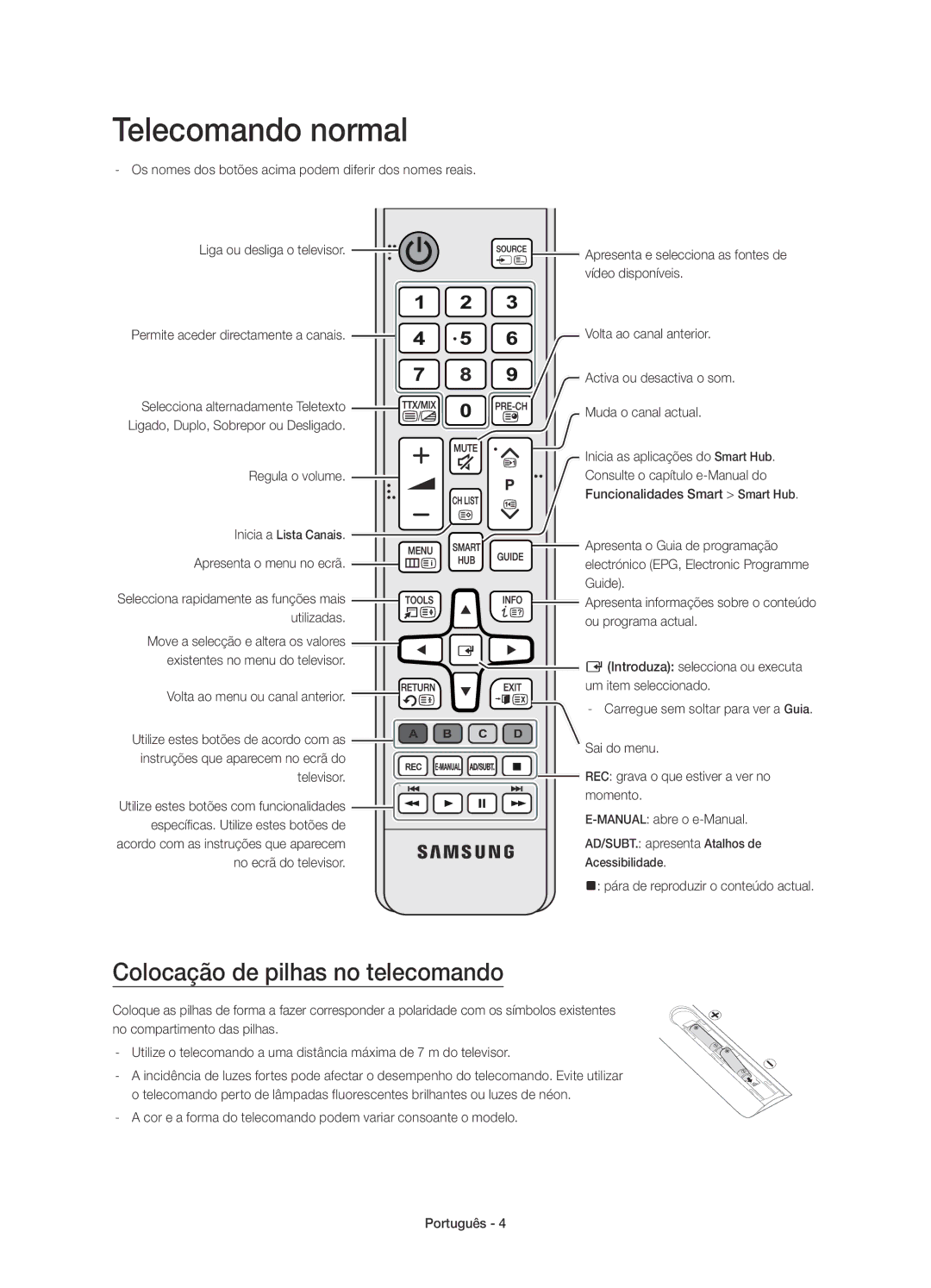 Samsung UE48JU6740UXXU, UE40JU6640UXZG manual Telecomando normal, Colocação de pilhas no telecomando, Regula o volume 