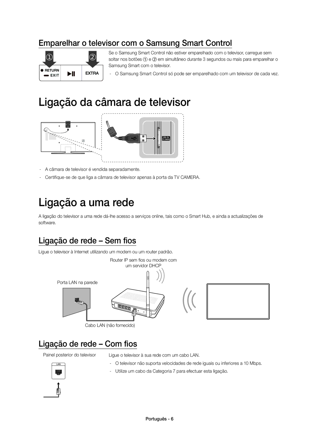 Samsung UE40JU6640UXZG, UE48JU6640UXZG manual Ligação da câmara de televisor, Ligação a uma rede, Ligação de rede Sem fios 