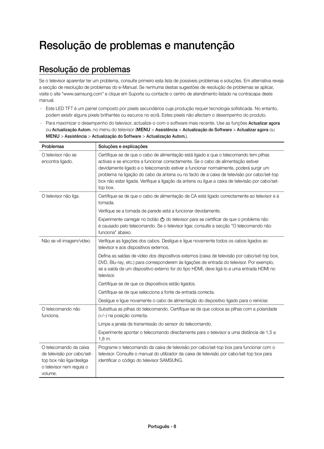 Samsung UE55JU6740UXZG, UE40JU6640UXZG, UE48JU6640UXZG, UE40JU6740UXZG, UE48JU6740UXZG Resolução de problemas e manutenção 